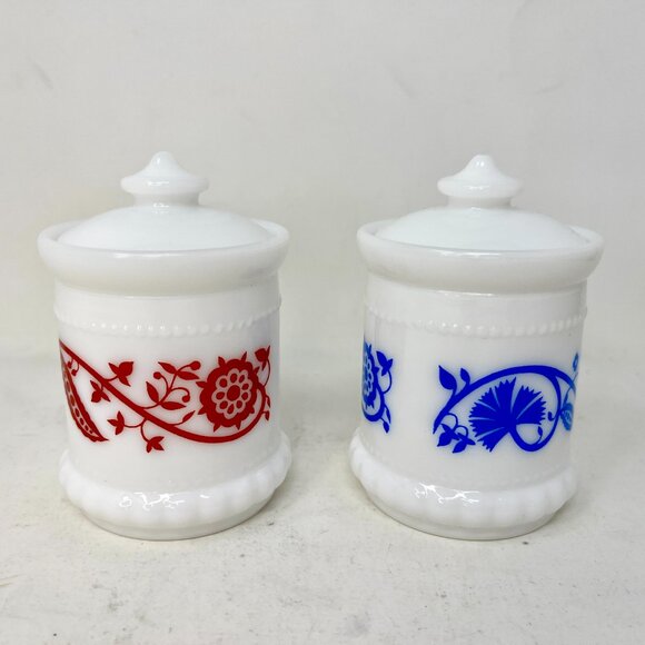 [2] Vintage Hazel Atlas Milk Glass Mustard Spice Jar Red & Blue Sweet Pea Floral - Picture 1 of 5